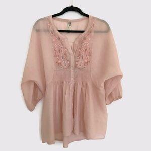 Free People Blush Pink Embroidered Peasant Top